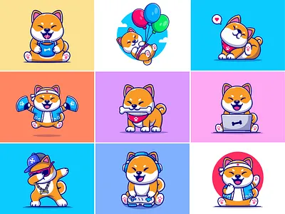 Shiba Inu🐕 animal animal pose balloon bone busy dog coffee cute cute illustration cute shiba dog dog breeds dog illustration dog logo icon illustration japan logo mascot shiba inu working animal