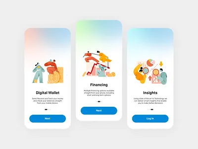 App Onboarding for a Digital Wallet Bank | Vili app app design app screen art bank bank app blue design digital bank digital wallet flat gradient illustration minimal onboarding ui ux vector wallet app
