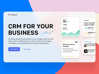 Landing for CRM design hero page icon interface logo minimal typography ui web