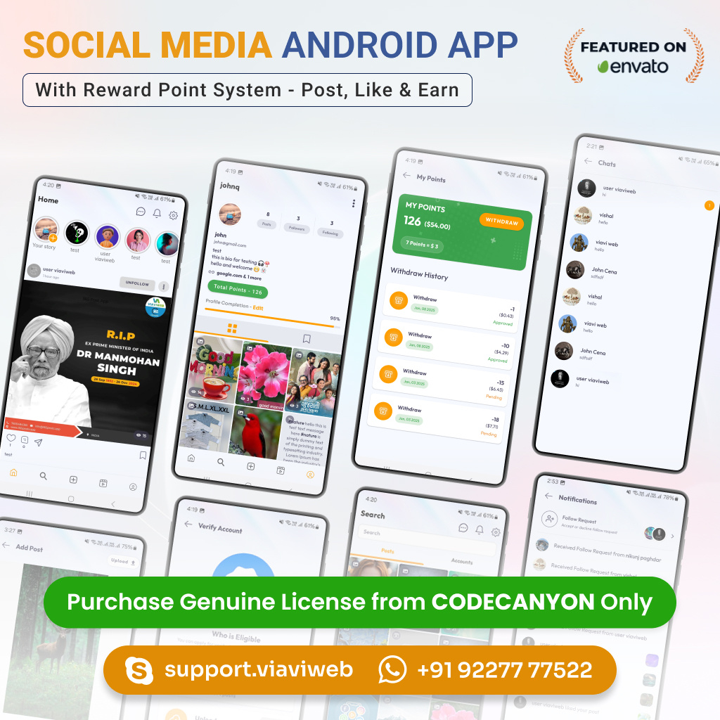 Social Media App With Reward Point System - Post, Like & Earning android app development android social media app application development branding codecanyon earning app envato marker mobile application development reward points app reward system social media social media android app social media app ui viaviweb viaviwebtech website development