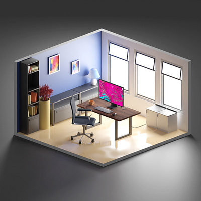 Isometric Room 3d blender blender3d blender3dart blendercycles blue chair clean computer cute daily design isometric isometric art isometric design lighting minimal render table wet floor