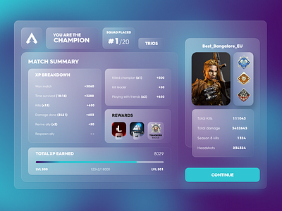 #16 - Overlay (Champion screen - Match summary) / Game UI 016 dailyui design designer game design glass glassmorphism overlay popup ui ui ux user interface video game