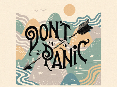 Don't Panic arrow dont panic douglas adams illustration lettering mountains sheep truegrittexturesupply