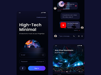 Techno music app components app button ui chat chat ui chatbot components ui form interfaz ios app login minimal mobile music app ui techno ui ux video