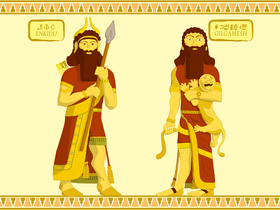 Flat illustration of Enkidu and Gilgamesh 2d antique artwork character cuneiform design illustration new vector