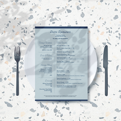 Bistro Restaurant Menu Design branding flat lay layout design menu design mockup print design restaurant branding restaurant menu typography