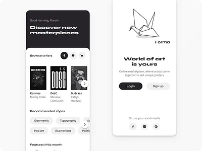 FormaApp artist cart creative dark mode dashboard ui filters gallery illustration interface ios minimal mobile ui modal window monochrome poster art shopping app spacex startup tag ux ui