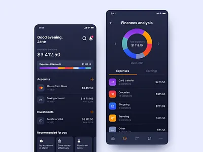 Banking mobile app — Home banking app banking dashboard dark ui digital wallet expenses finance finance app fintech minimalism mobile app money app ux
