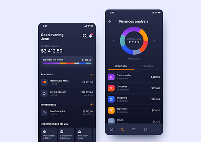 Banking mobile app — Home banking app banking dashboard dark ui digital wallet expenses finance finance app fintech minimalism mobile app money app ux