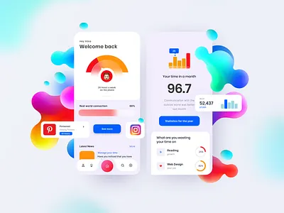 TimeBack - time tracking mobile application 2d app app design application clean color colorful design elements glassmorphism gradient illustration mobile shapes simple time ui ux vector