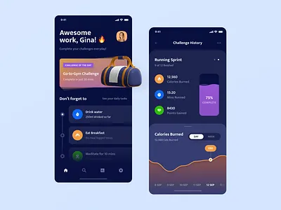 Fitness Challenge Mobile App 3d black challenge challenges creative dark dark mode dark ui design emoji fitness fitness app mobile mobile app mobile ui purple sports sports app ui