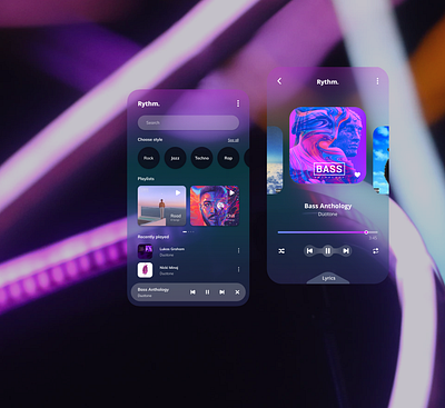 Rythm app app design application art black blacktheme branding glass effect glassmorphism glassy led light music musicapp purple rythm typography ui ux velvet