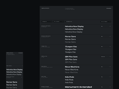 typeface.directory — Index button dark directory dropdown filter filters font fonts grid index select menu sort sort by type type directory typeface typefaces typography ui web design