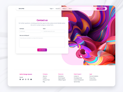 Soft UI Design System - Contact Us 3d button contact form contact page contact us daily design design system footer glass glassmorphism gradient html input inspiration responsive soft ui ux web design