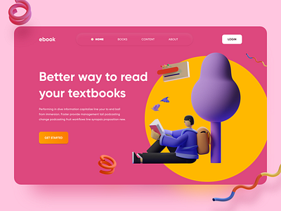 Landing Page Exploration - eBook App 3d b2c blender children app children website colorful cute ebook ebook app ebook ui ebook website figma kids app kids ui landing page landing page ui pink skeumorphism website website ui