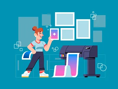 Printing Industry character design design epson flat graphic graphics icon illustration ilustracion modern printer printing printing design printing press printing services prints vector woman working