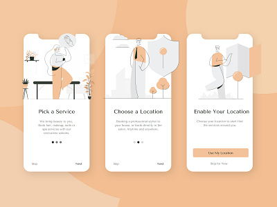 Onboarding Screens beauty app beauty salon choose a location onboarding onboarding app onboarding beauty onboarding illustration onboarding on demand onboarding screen onboarding ui pick a service saloon app