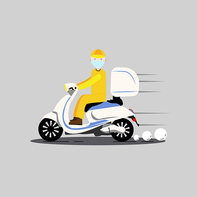 A delivery guy in a medical mask box car courier deliver design electric express illustration man moped transportation рисунок