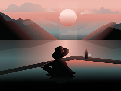 Summer Sunset 2d chill environment evening flat illustration girl illustration lake landscape mountains sun sunset sunset illustration sunshine vacation woman