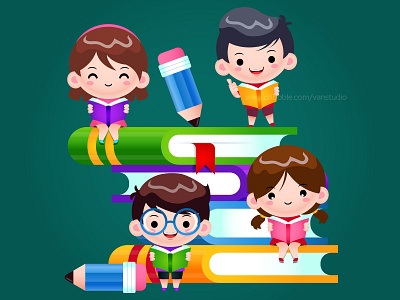 Vector Cartoon Cute School Kids Reading And Learning On Big Book cartoon children childrens illustration design girl illustration kids student ui vector