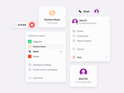 Tack UI Components account cards clean dropdown switch timer timer app timetracker ui ui elements user ux
