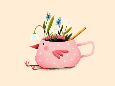 Coffee bird - Heralds of Spring bird bloom children illustration coffee coffee cup creative creativity cute flowers illustration illustration art imagination nature pink procreate spring