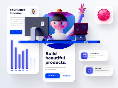 Libraries for UI Designers 🤟 3d art app ui clean creative dribbble icon illustration income library app minimal mobile app mobile app design portfolio statistics ui ui design