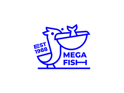 Mega Fish bird blue brand branding branding design fish food illustration line logo mark monochrome pelican sea sign stamp