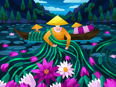 Collecting water lilies blooming boats china conical hats flooding season floods flowers harvest season illustration mekong mekong delta rainy season thailand vector vietnam water lilies water lilies web illustration
