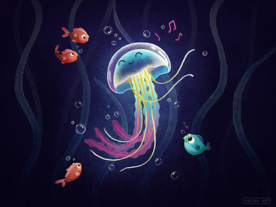 Dancing Jellyfish bioluminescence cartoon cute dance digital art fish glow illustration jellyfish ocean sea underwater