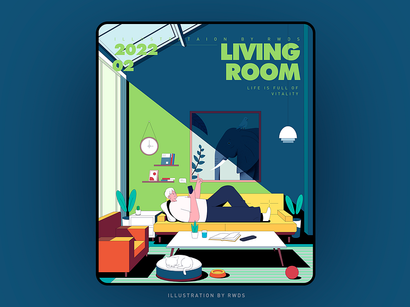 Living Room cat home house illustration leisure time light remote rest room vector work