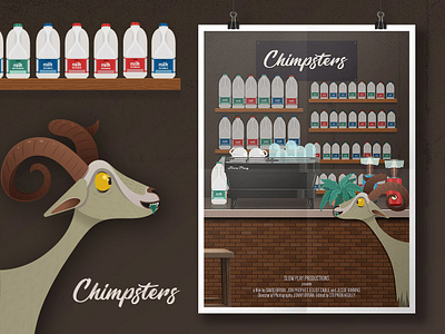 Chimpsters bar coffee coffee grinder coffee machine coffeeshop goat illustration milk milk bottle movie movie poster movie poster design vector