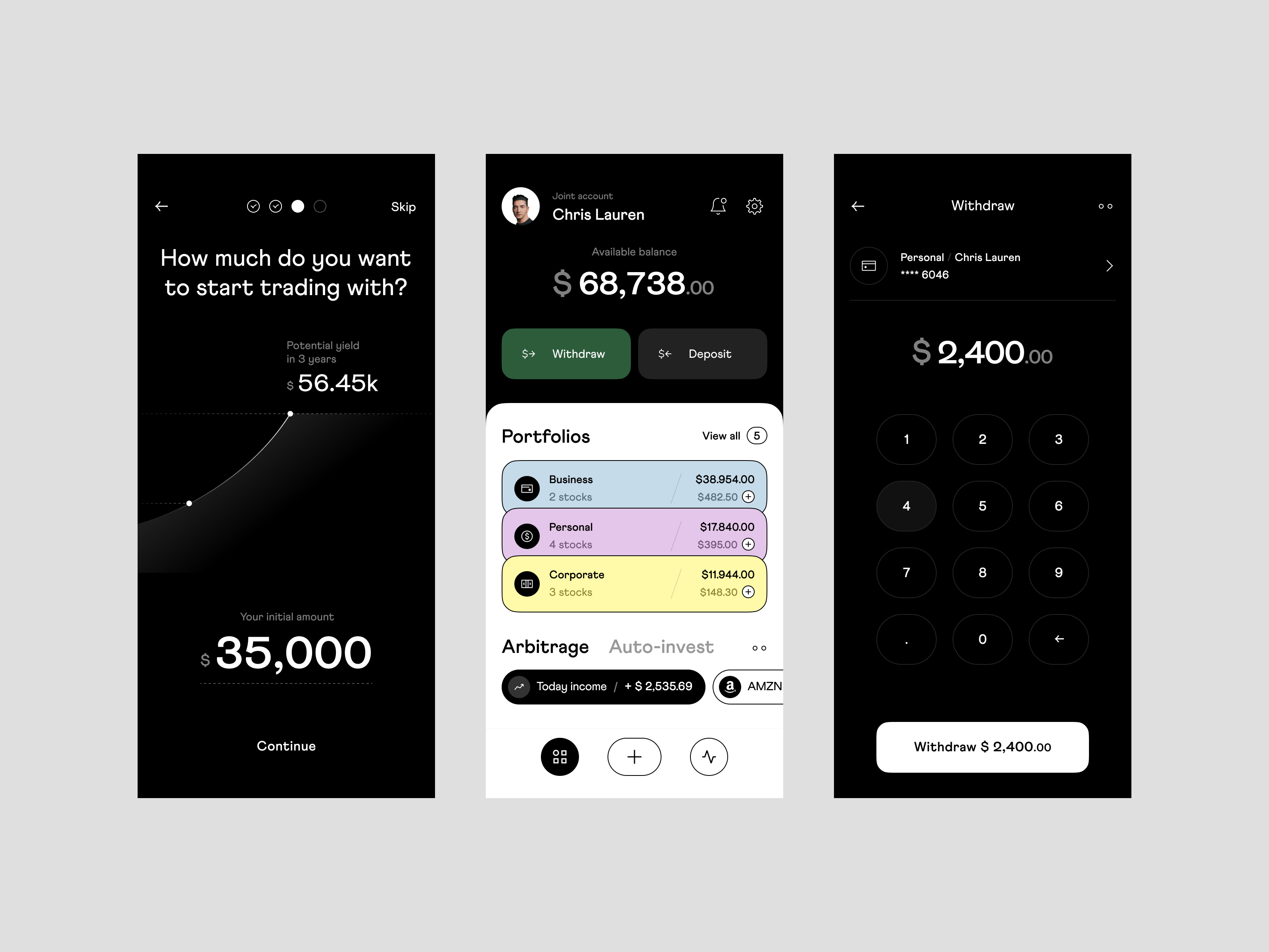 stocks trading app: mobile app, visual identity, attributes app attributes balance branding dashboard defi deposit earnings finance fintech ios app mobile app mobile design platform portfolio savings stocks trading visual identity withdraw