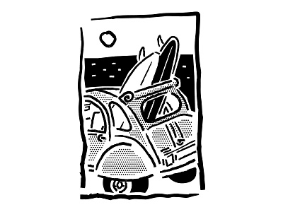 Retro surf car B W beach black and white comic cut out drawing halftone illustration illustrator ipad line art lines linocut minimal procreate sea sketch sunset surf surfboard vector