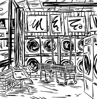 Wash & Dry black and white digital ink laundromat laundry line drawing sketch wash and dry