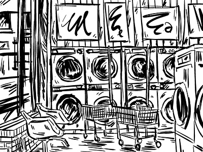 Wash & Dry black and white digital ink laundromat laundry line drawing sketch wash and dry