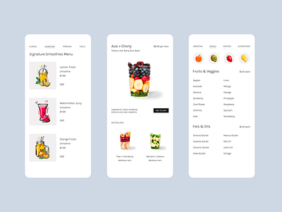 Mobile Screens for Smoothie Bar art direction design digital design ecommerce ecommerce design figma interface minimal mobile mobile app mobile apps mobile ui mobileui ui ui design uiux ux ux ui design webdesign