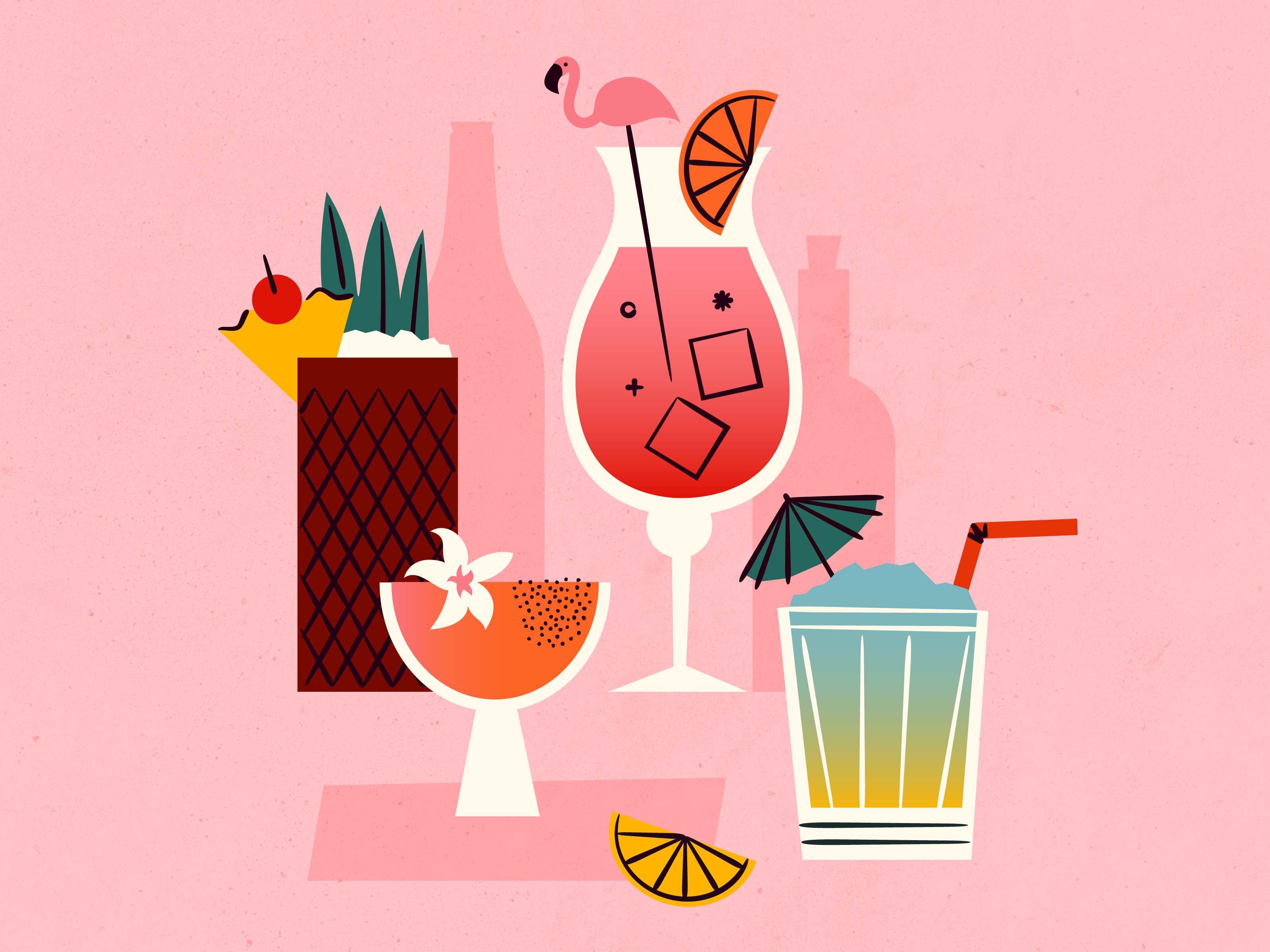 Colorful Tropical Cocktail Illustration cocktails drinks feminine flamingo illustration lemon margarita mid century texture tiki tropical vintage