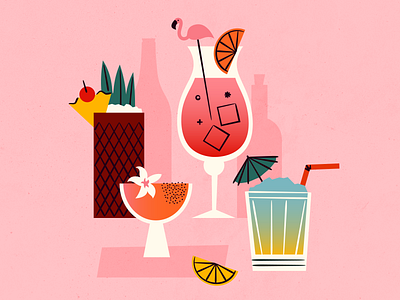 Colorful Tropical Cocktail Illustration cocktails drinks feminine flamingo illustration lemon margarita mid century texture tiki tropical vintage