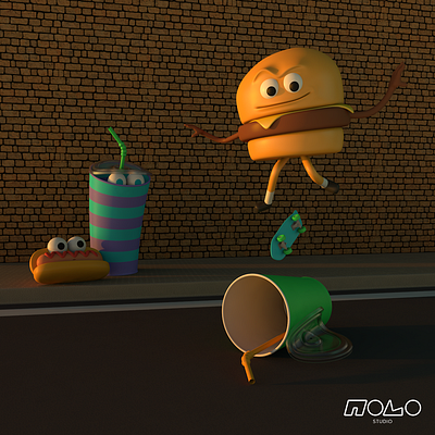 Fast food on the route 3d 3d artist 3d modeling characterdesign characters cinema4d design fastfood hamburger hotdog milshake skateboard street
