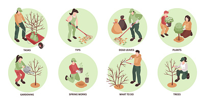 Gardening compositions set gardening illustration isometric park seasonal vector