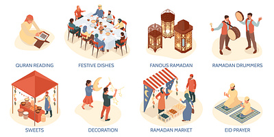 Ramadan compositions set illustration isometric koran ramadan religion vector