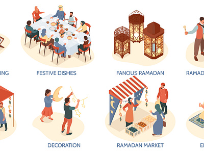 Ramadan compositions set illustration isometric koran ramadan religion vector