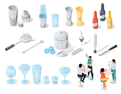 Bartender icons set barman bartender illustration isometric utensils vector