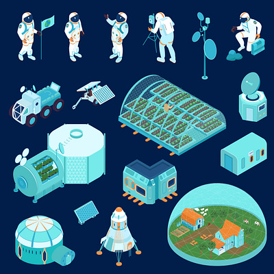 Space colonization set colonization exploration galaxy illustration isometric vector