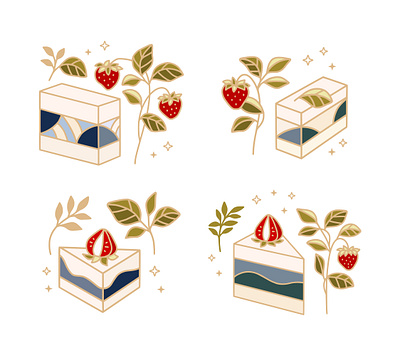 Set of bakery elements with strawberry plants and blue waves bakery blueberry cafe cake cake logo cake shop cakes cheesecake delicious dessert digital art florals food illustration japanese art kawaii pastry strawberry sweet wave