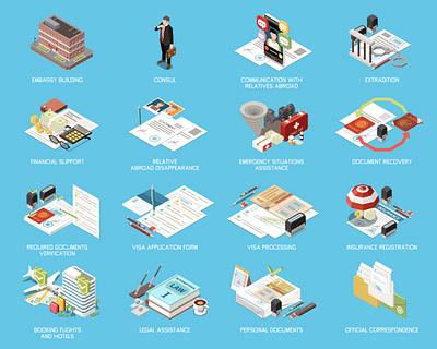 Embassy services support set embassy illustration isometric negotiation service vector