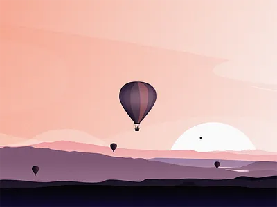 Hot Air Balloon bird cloud hot air balloon illustration mountain people sky sun