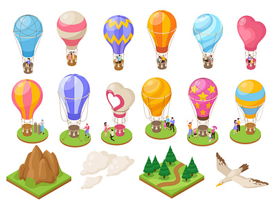 Hot air balloon set balloon entertainment illustration isometric vector