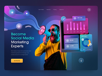 Header Exploration - Social Media Marketing analytics business charts clean data exploration glassmorphism gradient hero section homepage icons landing page marketing social media stats typography ui user interface ux web design